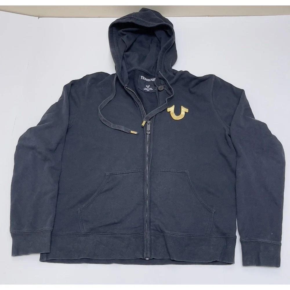 True Religion‎ Jacket Hoodie Men Medium Black Metallic Gold Double Puff Full Zip